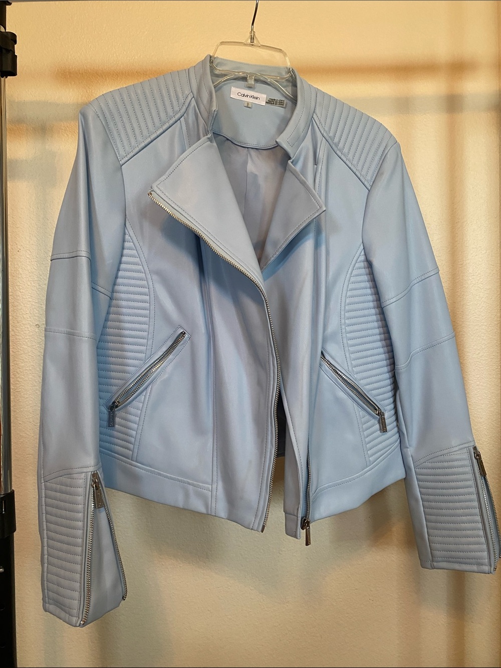 Women’s Large Calvin Klein Light Blue Quilted Moto Faux Leather Jacket